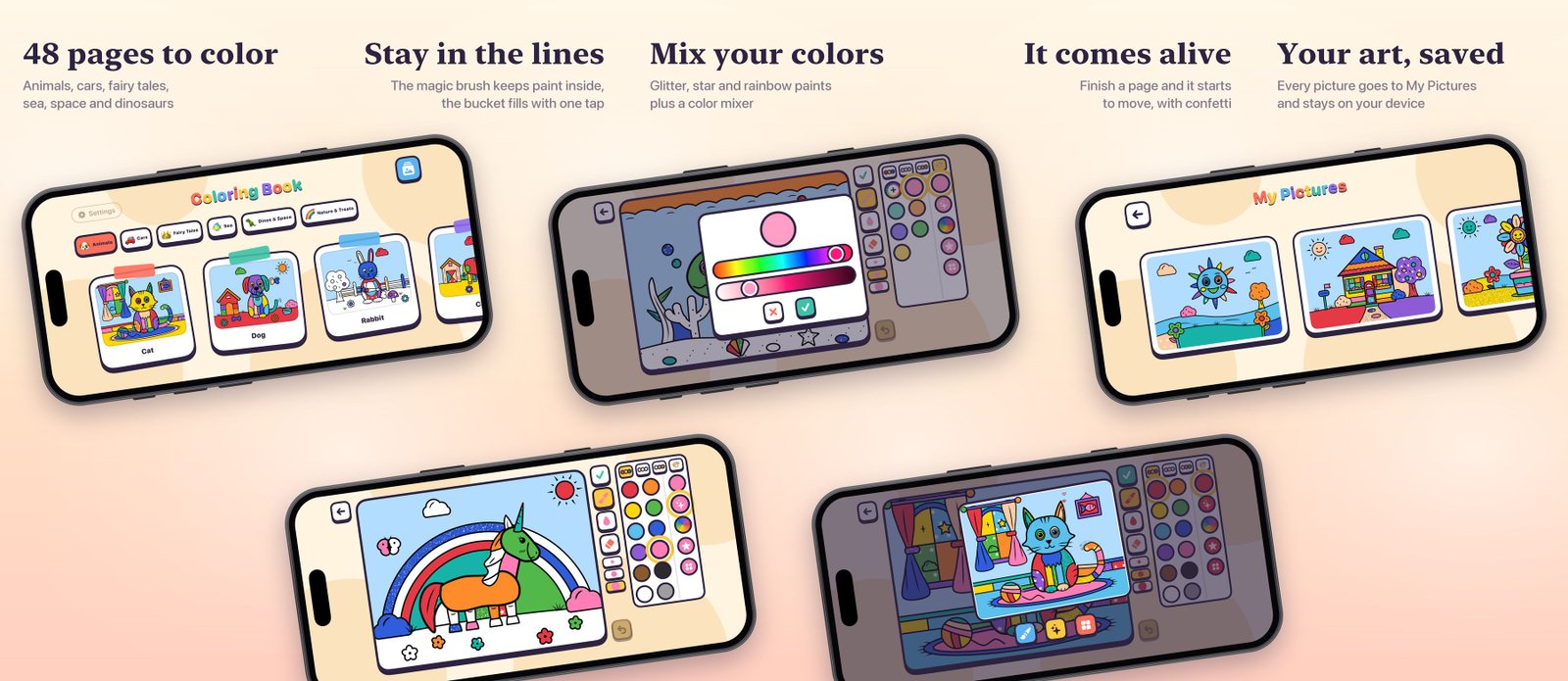 Five Coloring Book screens on iPhone: page picker, coloring inside the lines, color mixer, a picture coming alive and the My Pictures gallery