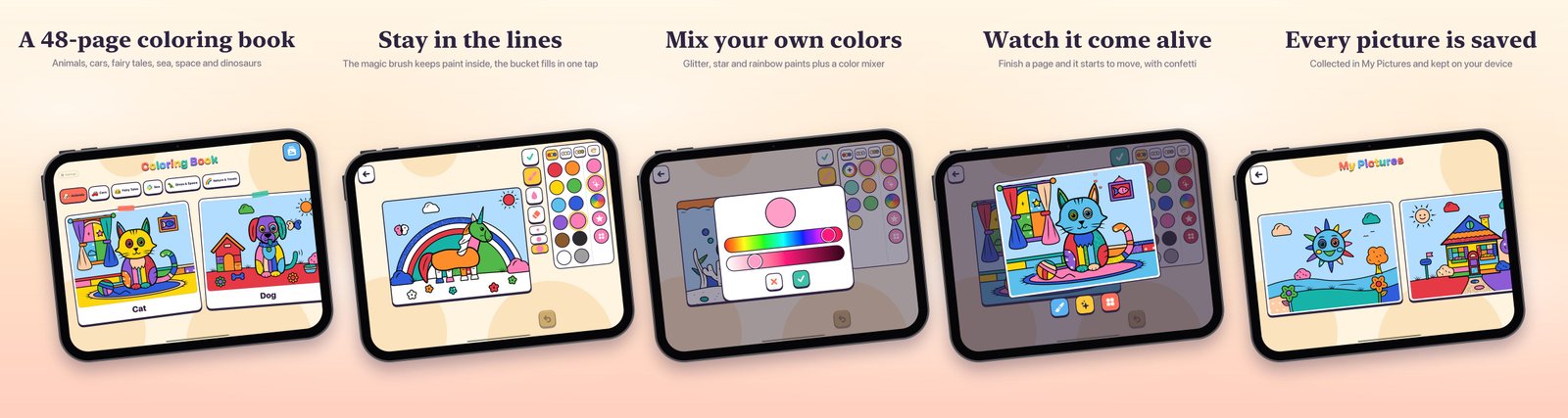 Five Coloring Book screens on iPad: page picker, coloring inside the lines, color mixer, a picture coming alive and the My Pictures gallery